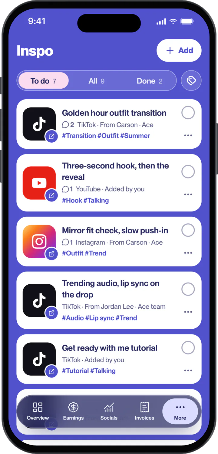Ace Creator app Inspo screen with a to-do list of saved TikTok, YouTube and Instagram ideas, shown with sample data.
