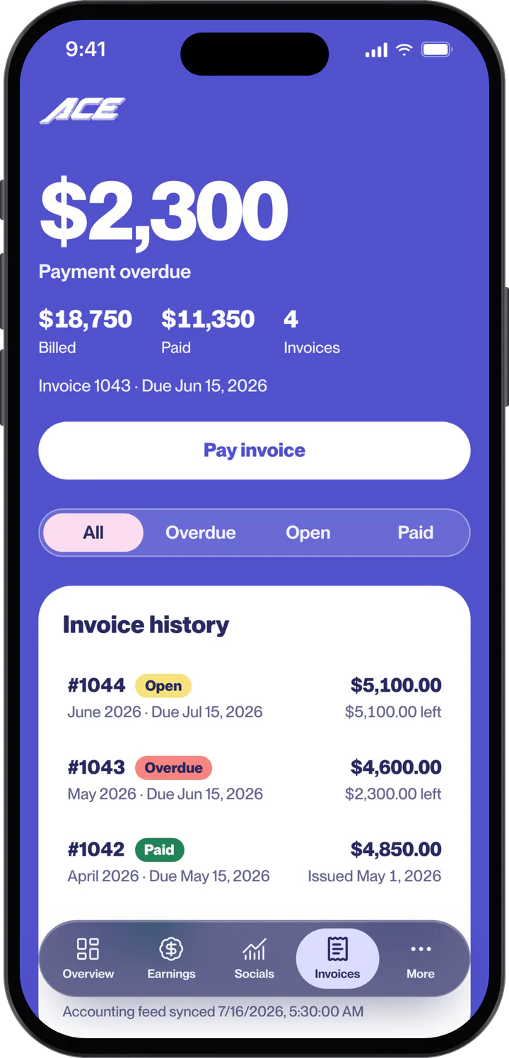 Ace Creator app Invoices screen with the balance due, a Pay invoice button and invoice history, shown with sample data.
