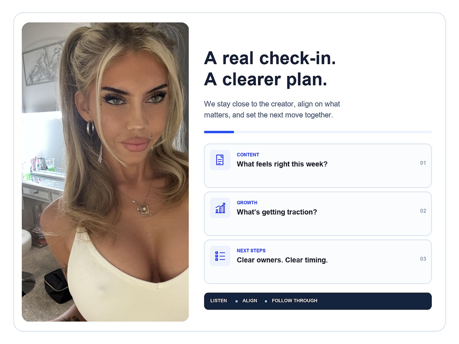A creator check-in covering content, growth and next steps