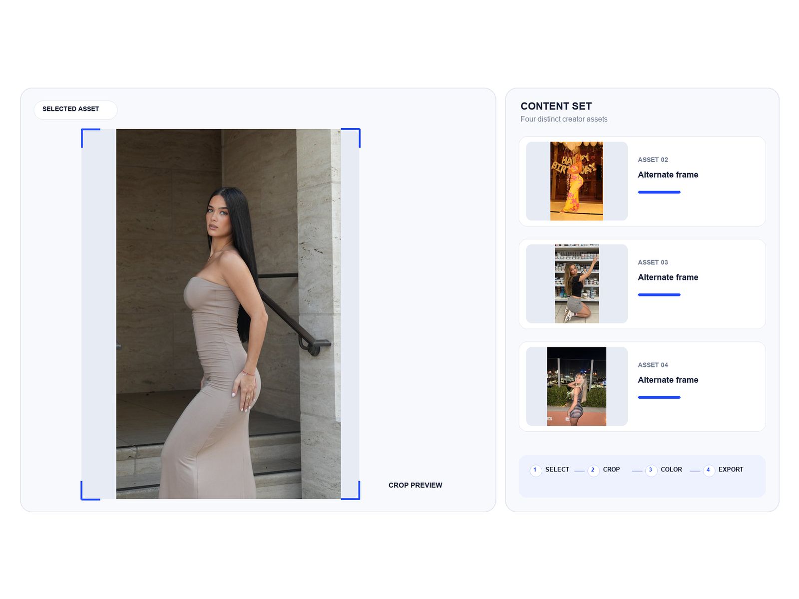 A photo being cropped, with alternate frames in the content set