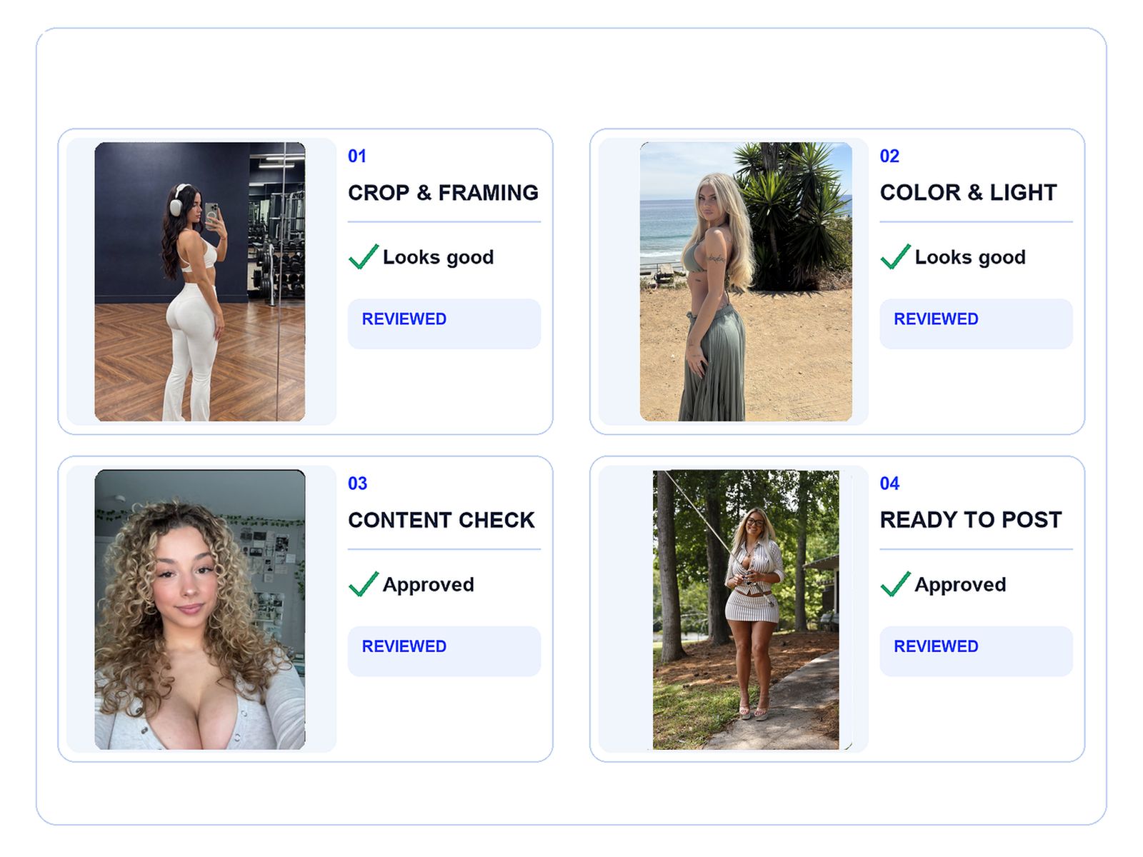 Four posts checked for framing, light, content and readiness