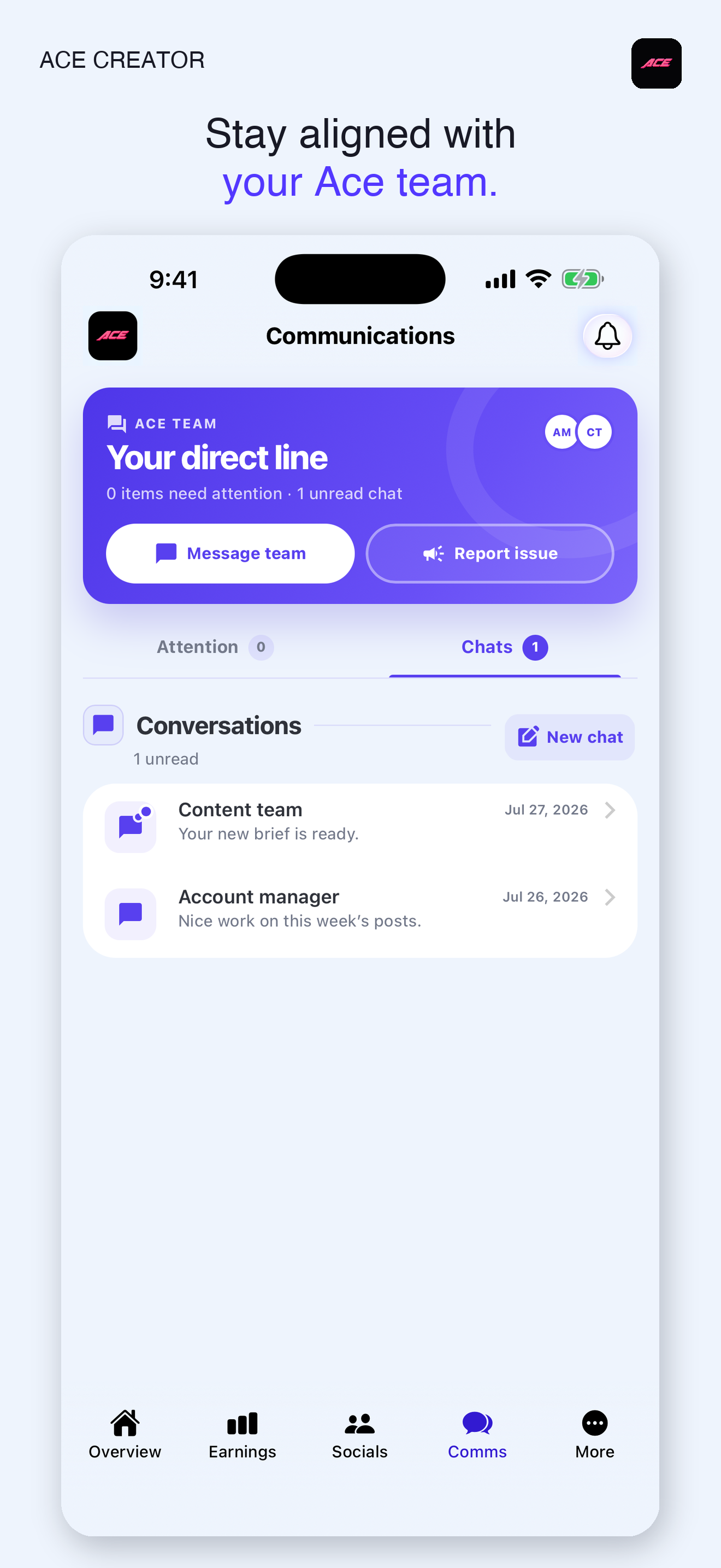 ACE Creator App Store communications screen showing direct access to the Ace team. Sample data for illustration.