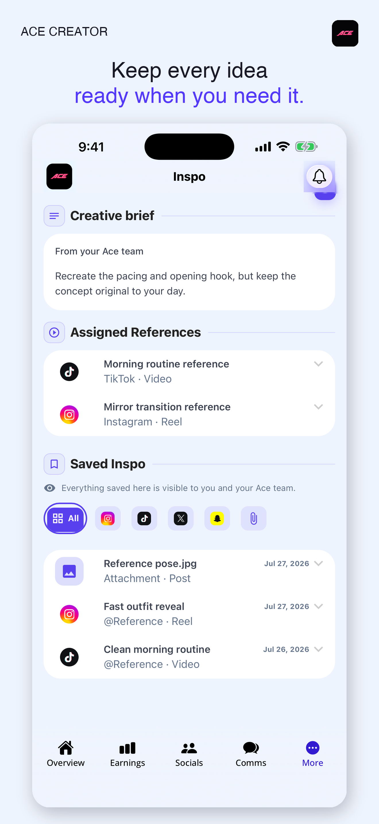 ACE Creator App Store inspiration screen showing a creative brief and assigned references. Sample data for illustration.