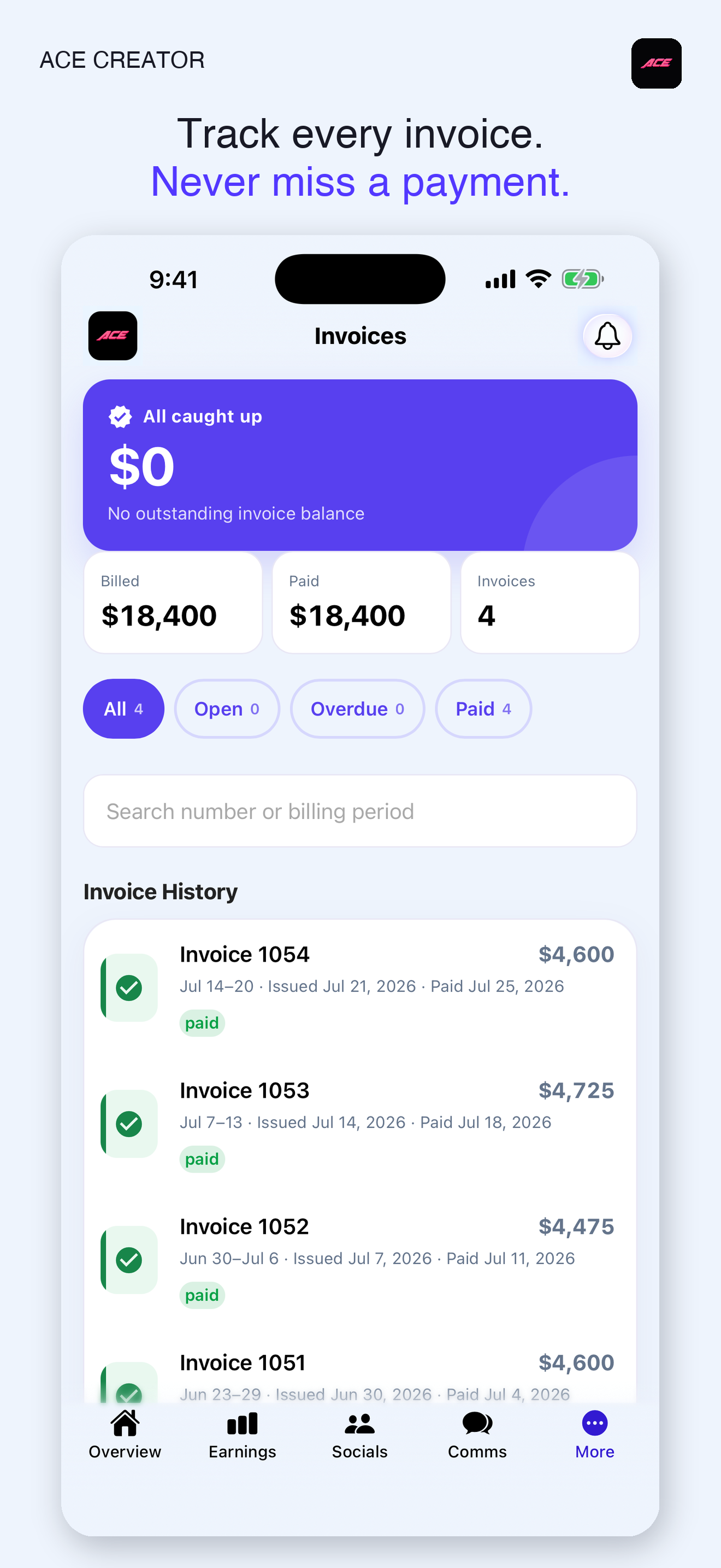 ACE Creator App Store invoices screen showing payment status and invoice history. Sample data for illustration.