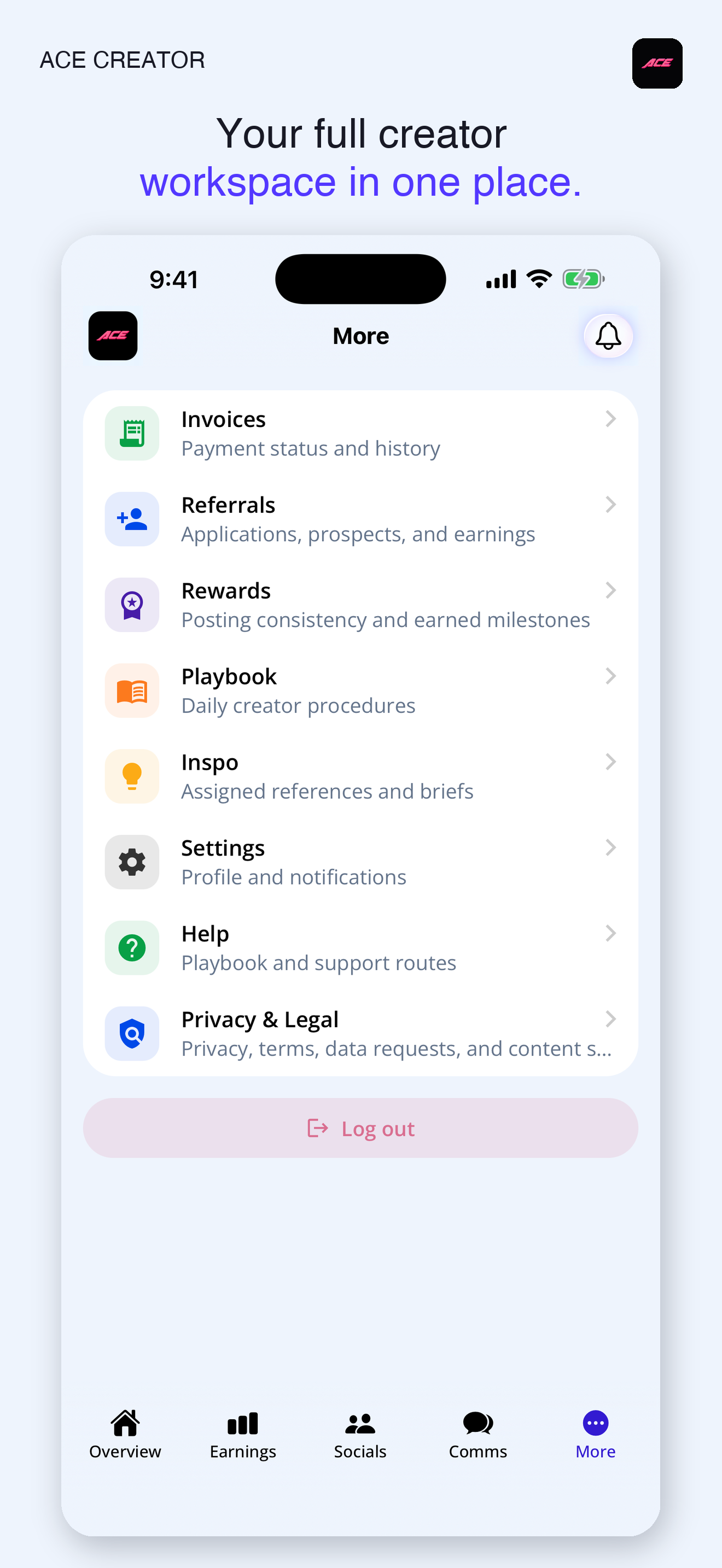 ACE Creator App Store workspace menu showing invoices, referrals, rewards, playbook, inspiration, settings, and help. Sample data for illustration.